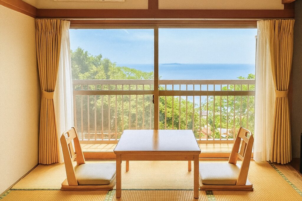 畳の客室。低い机と座椅子。窓の向こうに木々と海が見える。